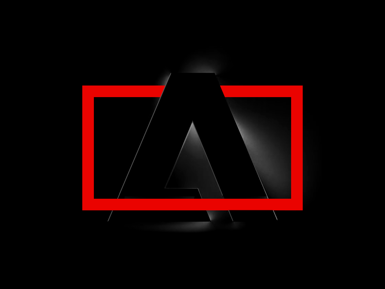 Dimensional Adobe Expressive A iconography with dramatic lighting and red frame on a black background