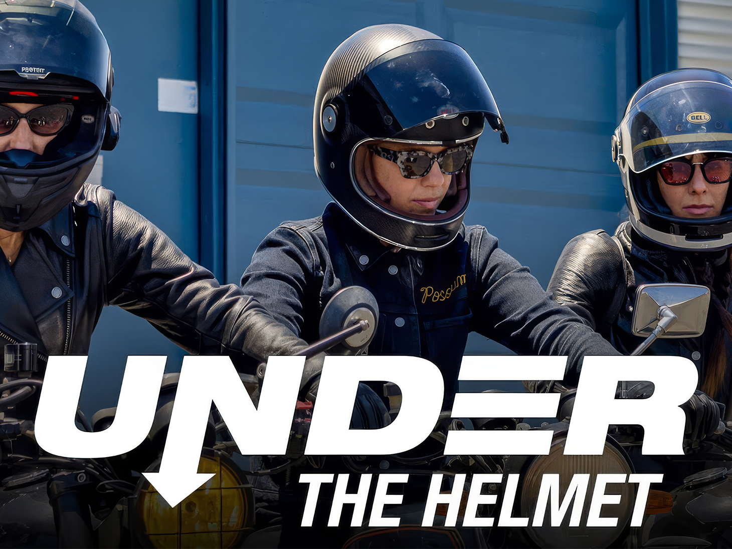 Under the Helmet logo for Bell Helmets video series over photography of motorcycle riders