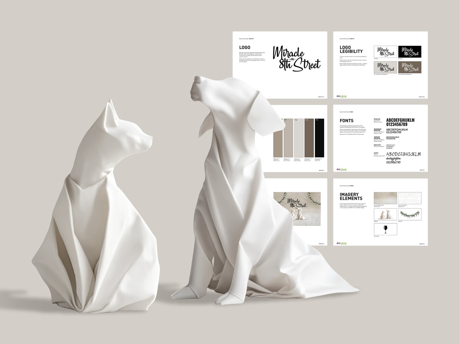 Elegant gala branding system for Pets Lifeline featuring sculptural cat and dog imagery alongside typography and visual identity guidelines