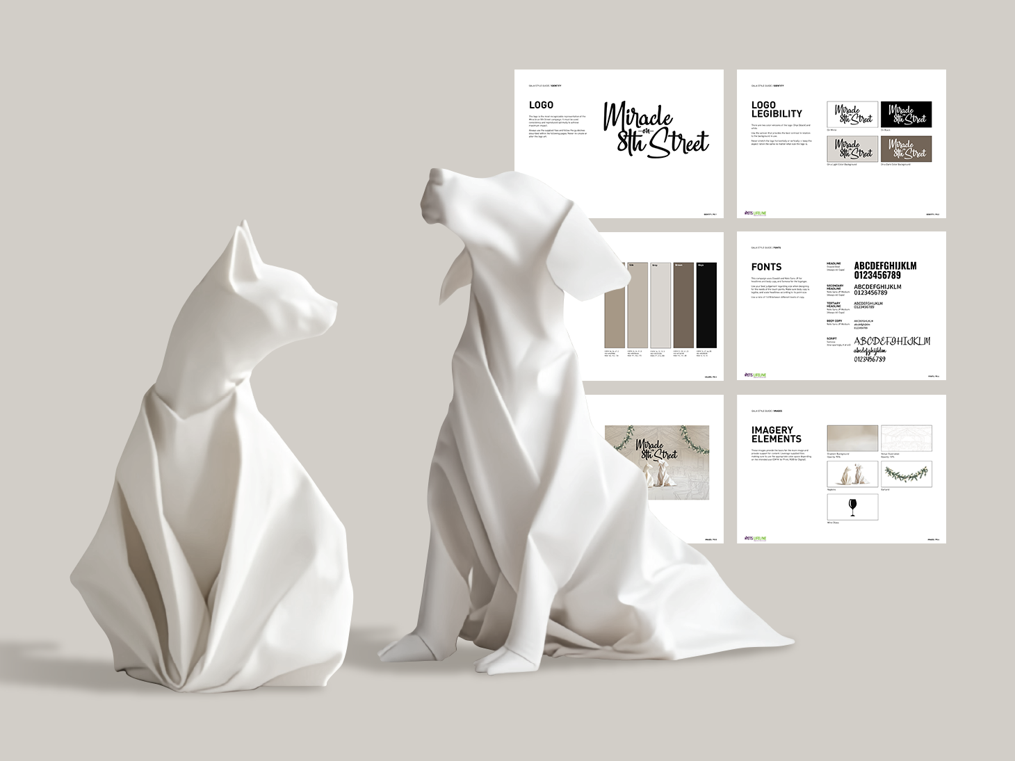 Elegant gala branding system for Pets Lifeline featuring sculptural cat and dog imagery alongside typography and visual identity guidelines