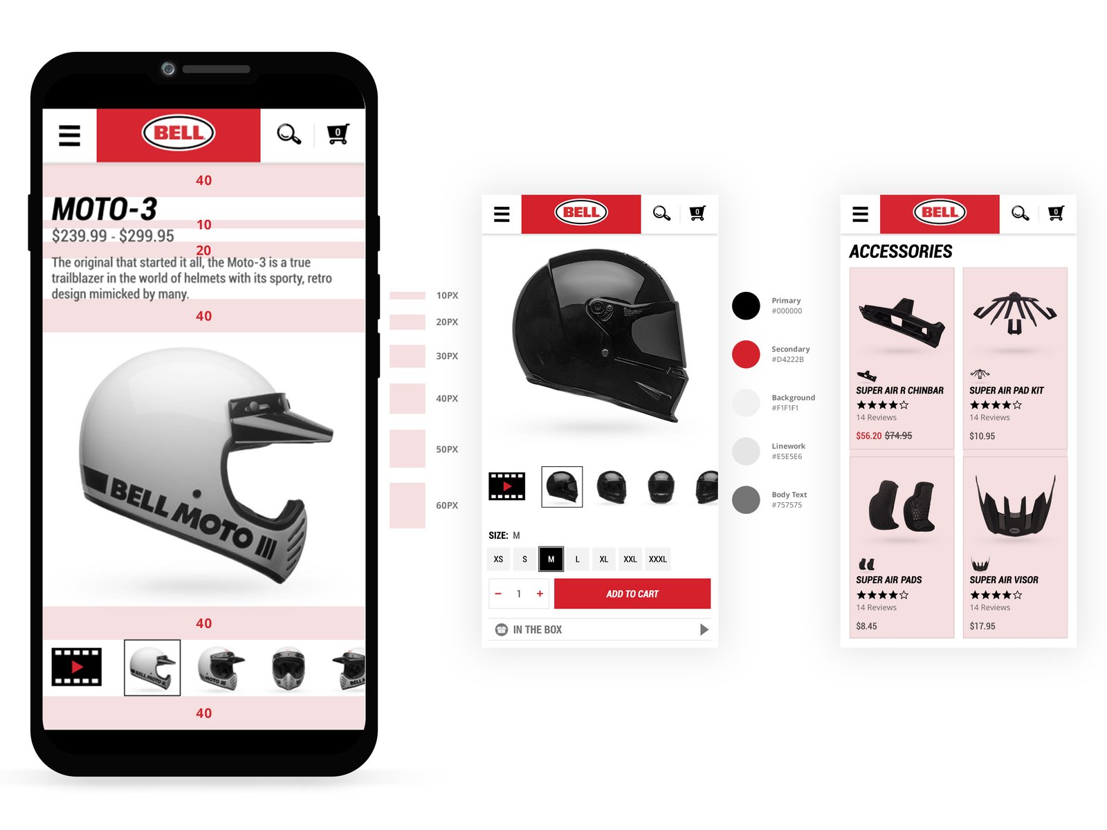 Ecommerce component library showing product page layouts, interface elements, spacing guidelines, and color standards