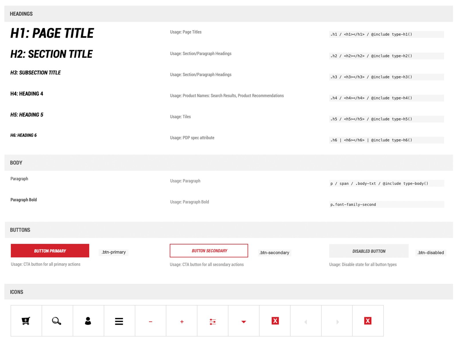 Design system documentation defining typography, buttons, icons, and reusable interface components for the Bell Helmets ecommerce site