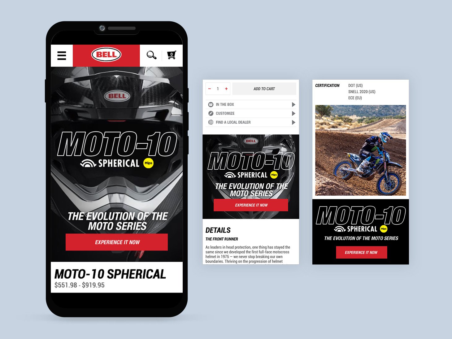 Mobile product page mockups for Bell’s Moto-10 Spherical helmet showing integrated promotional ad units linking back to the immersive landing page experience