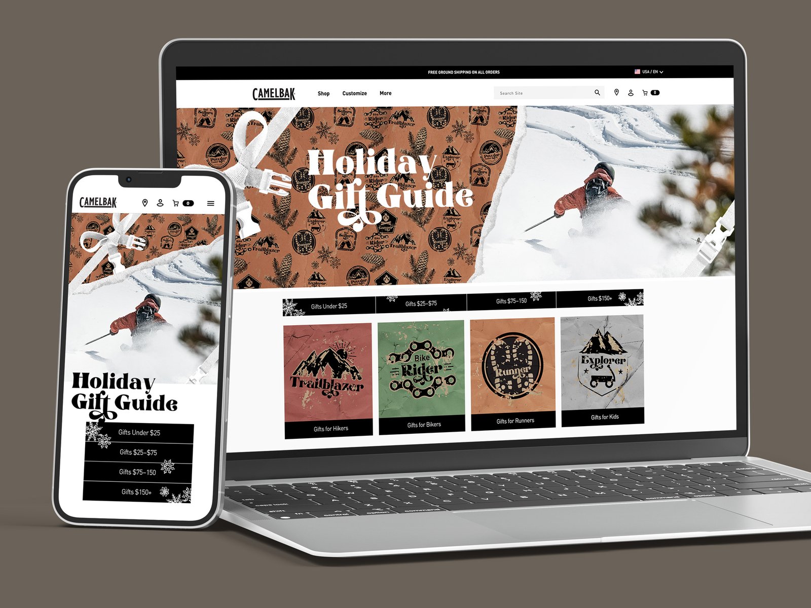 CamelBak holiday gift guide ecommerce experience displayed on desktop and mobile devices with seasonal graphics and category-based shopping navigation