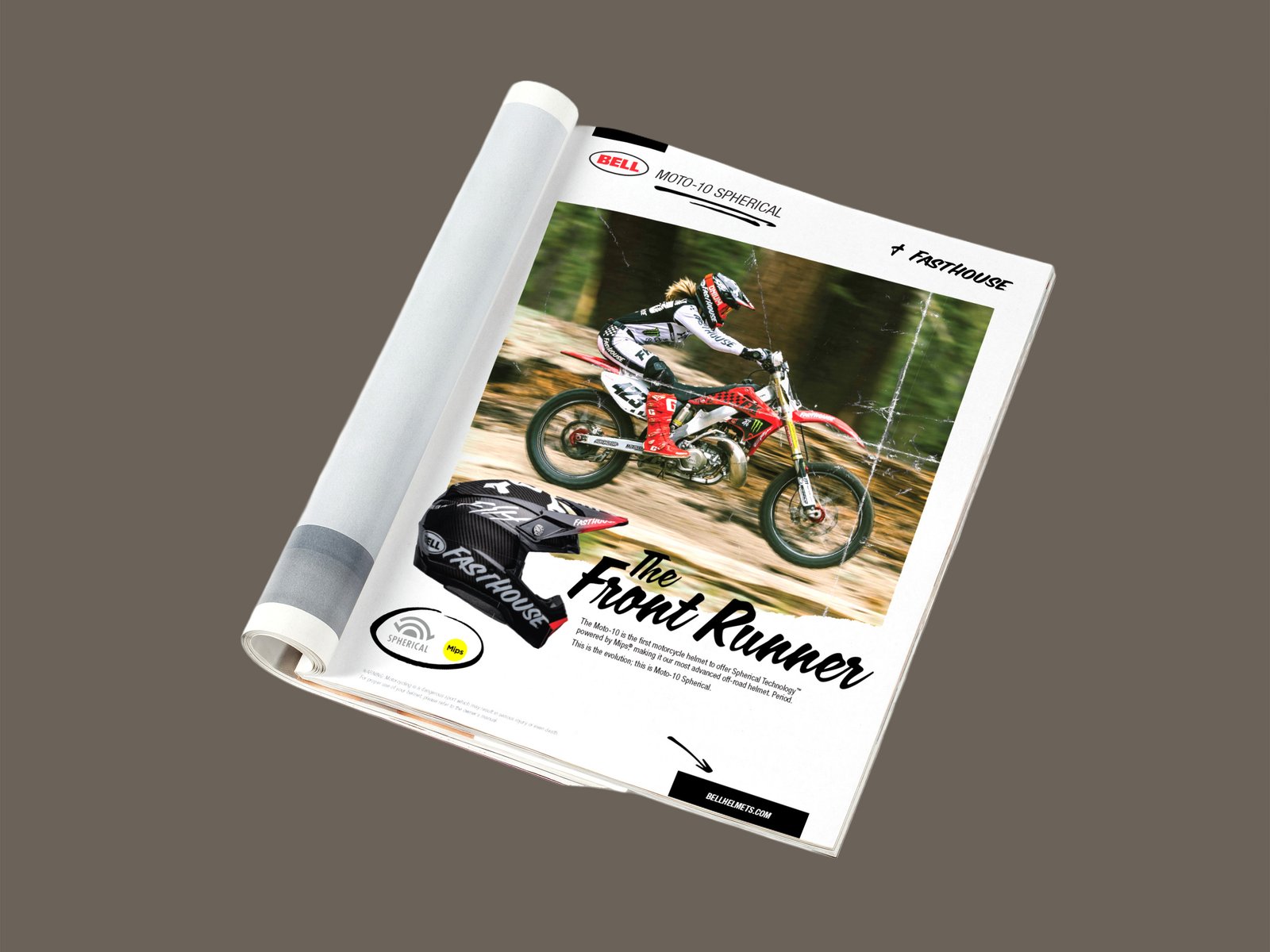 Bell Helmets print advertisement layout featuring motocross rider photography, product branding, and editorial-style typography