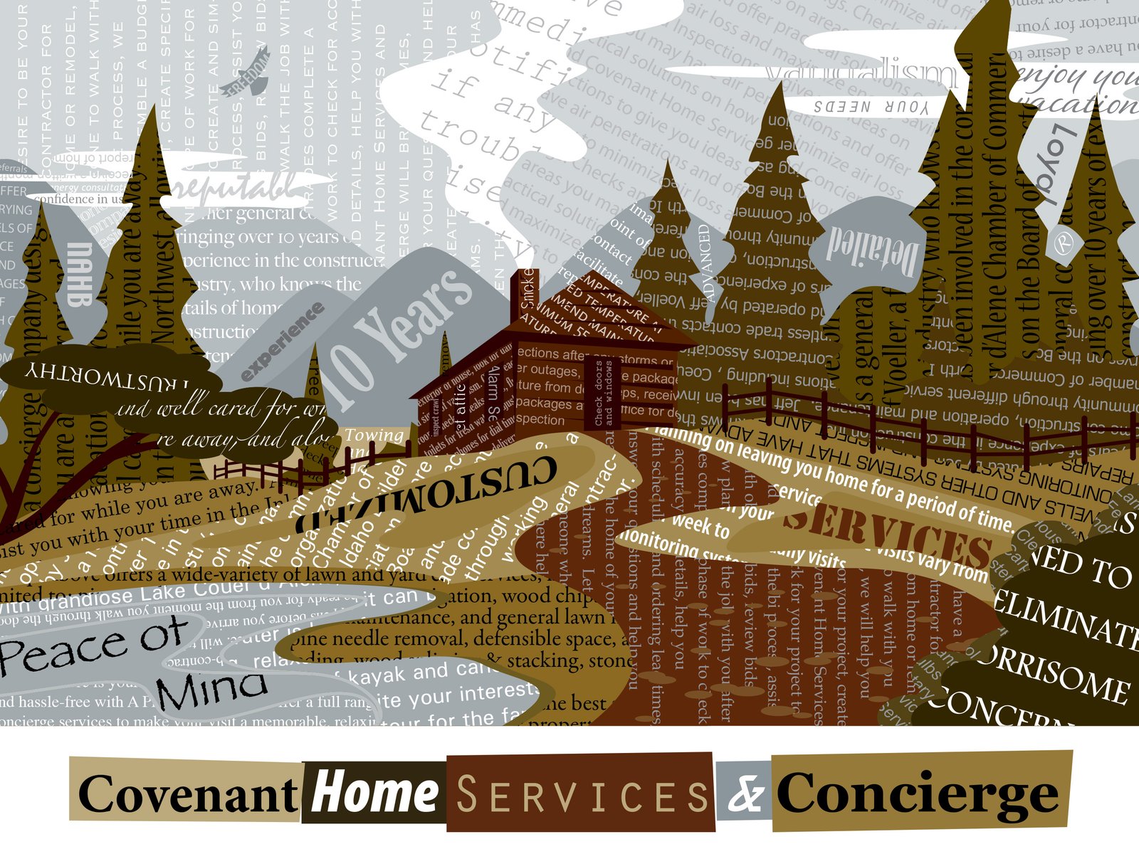 Print branding collage for Covenant Home Services featuring layered typography, textured illustrations, and editorial-style composition